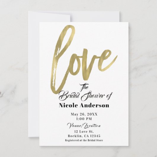 Invitation Gold LOVE Mariage de script de brosse moderne (Devant)