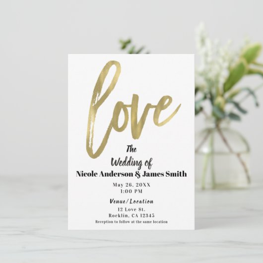 Invitation Gold LOVE Mariage de script de brosse moderne (Debout devant)