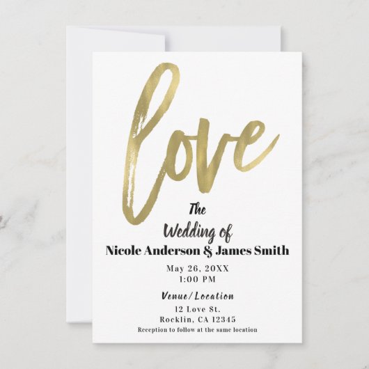 Invitation Gold LOVE Mariage de script de brosse moderne (Devant)