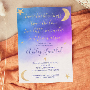 Invitation Gold lune étoiles rose aquarelle jumeaux baby show