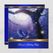 Invitation Gold Magic Blue Birds Blue Birthday Party (Devant / Derrière)
