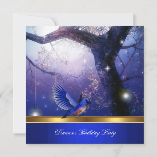 Invitation Gold Magic Blue Birds Blue Birthday Party (Devant)