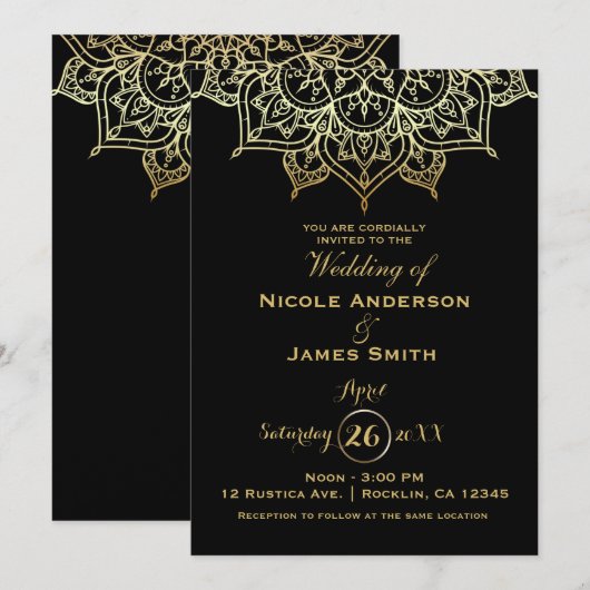 Invitation Gold Mandala Black Chic Moderne Mariage élégant (Devant / Derrière)