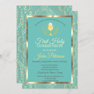 Invitation Gold Mandala Mint Green First Holy Communion