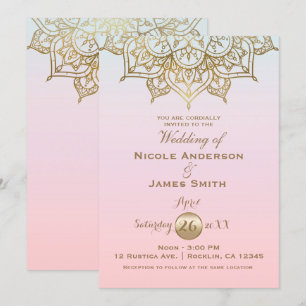 Invitation Gold Mandala Peach Rose Moderne Mariage élégant