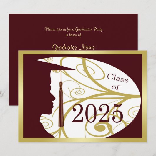 Invitation Gold/Maroon Man Silhouette 2025 Graduation Party (Devant / Derrière)
