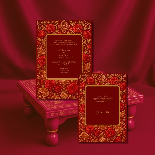Invitation gold Maroon Rose mango Paisley Hindu Wedding 