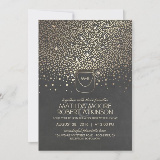 Invitation Gold Mason Jar Fireflies Russe Mariage (Devant)