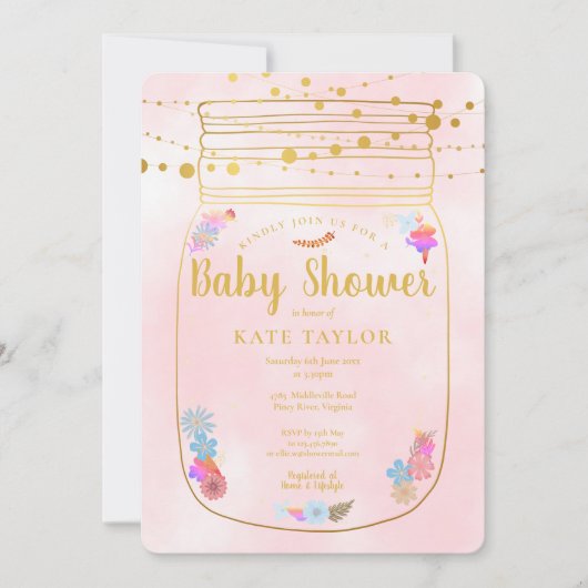 Invitation Gold Mason Jar String éclats Baby shower rose (Devant)