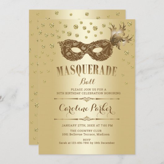 Invitation Gold Masquerade bal Anniversaire (Devant / Derrière)