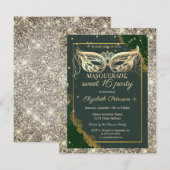 Invitation Gold Masquerade Glitter Green Sweet 16  (Devant / Derrière)