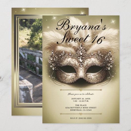 Invitation Gold Masquerade Sweet 16 Photo Anniversaire (Devant / Derrière)