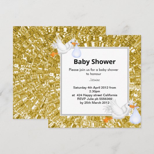 Invitation GOLD METALLIC LOOK Baby shower de cigogne Invitati (Devant / Derrière)