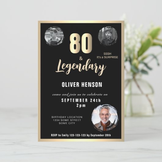 Invitation Gold Metallic Surprise 80e anniversaire (Debout devant)
