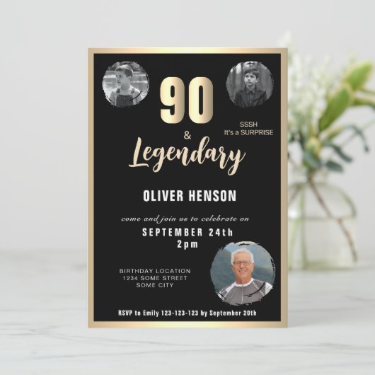 Invitation Gold Metallic Surprise 90e anniversaire (Debout devant)