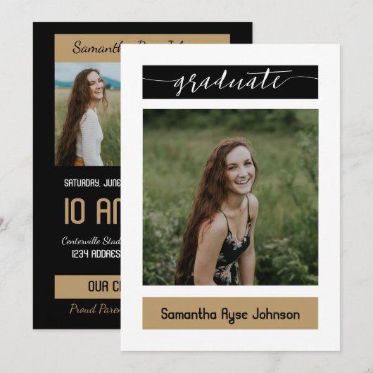Invitation Gold Modern Block 3-Photo Graduation (Devant / Derrière)