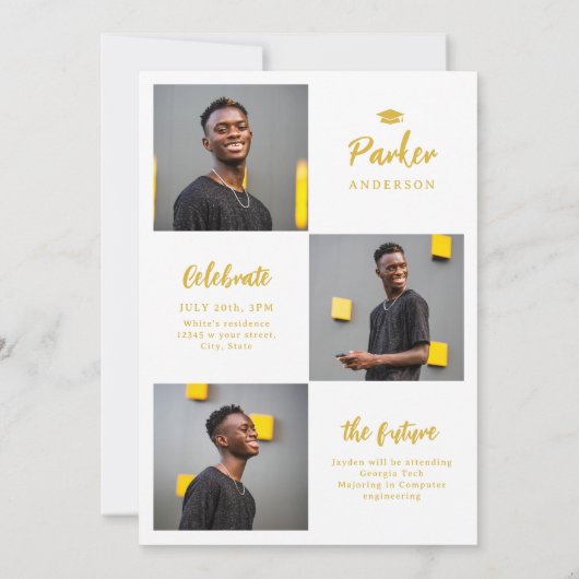 Invitation Gold Modern Brush Script Photo Graduation (Dos)