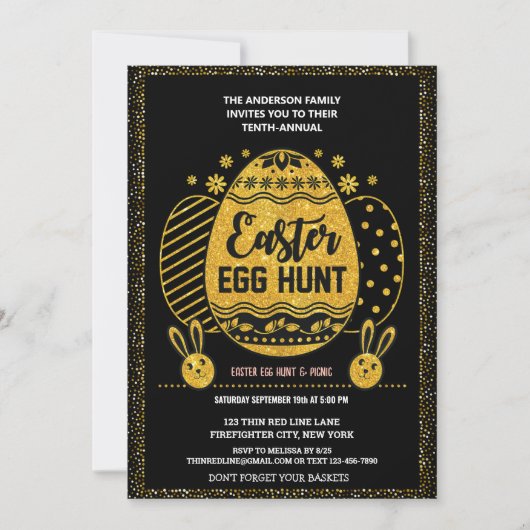 Invitation Gold Modern Rabbit Chasse aux oeufs de Pâques (Devant)