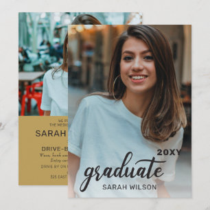 Invitation Gold Modern Script Diplômé Deux Photos Conduite Pa