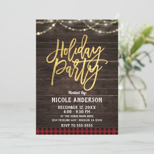 Invitation Gold Modern Script Fête de vacances Rustique Plaid (Debout devant)