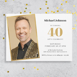 Invitation Gold Modern Simple Photo personnalisée 40e anniver