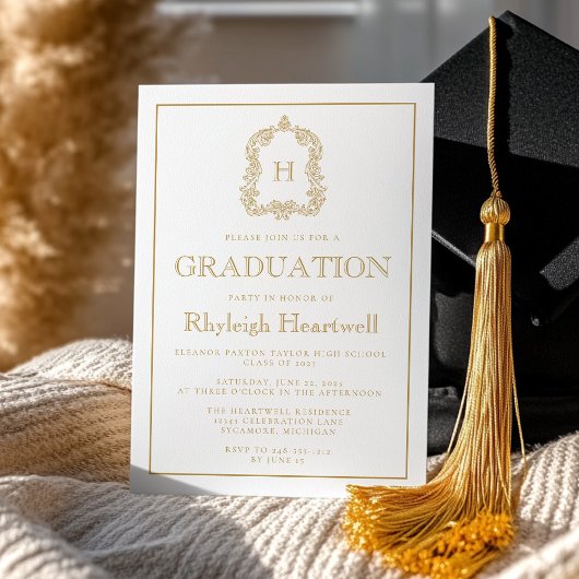 Invitation Gold Monogram Crest White Graduation Party