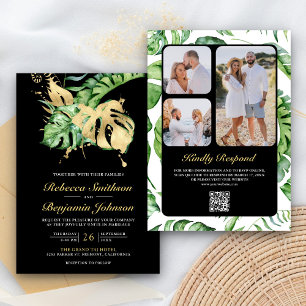 Invitation Gold Monstera Tropical Palm QR Code Black Wedding
