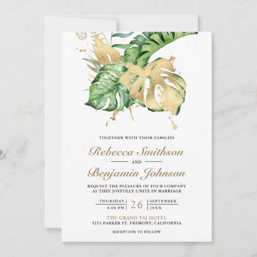 Invitation Gold Monstera Tropical Palm QR Code Mariage (Devant)