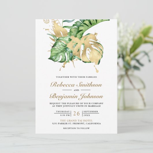 Invitation Gold Monstera Tropical Palm QR Code Mariage (Debout devant)