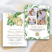 Invitation Gold Monstera Tropical Palm QR Code Mariage