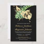 Invitation Gold Monstera Tropical Palm QR Code Mariage noir (Devant)