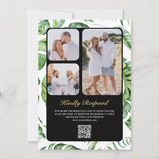 Invitation Gold Monstera Tropical Palm QR Code Mariage noir (Dos)