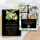 Invitation Gold Monstera Tropical Palm QR Code Mariage noir