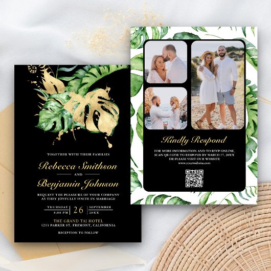 Invitation Gold Monstera Tropical Palm QR Code Mariage noir