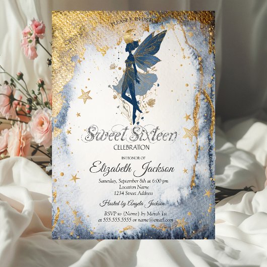Invitation Gold Moon Girl Watercolor Gold Stars Sweet 16
