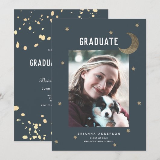 Invitation Gold Moon & Stars Marine Blue Graduation Party (Devant / Derrière)