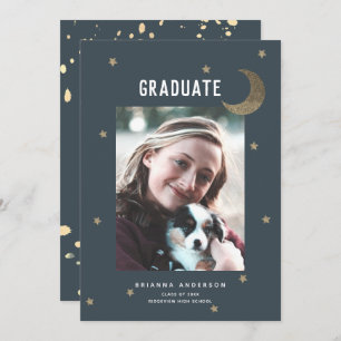 Invitation Gold Moon & Stars Marine Blue Graduation Party