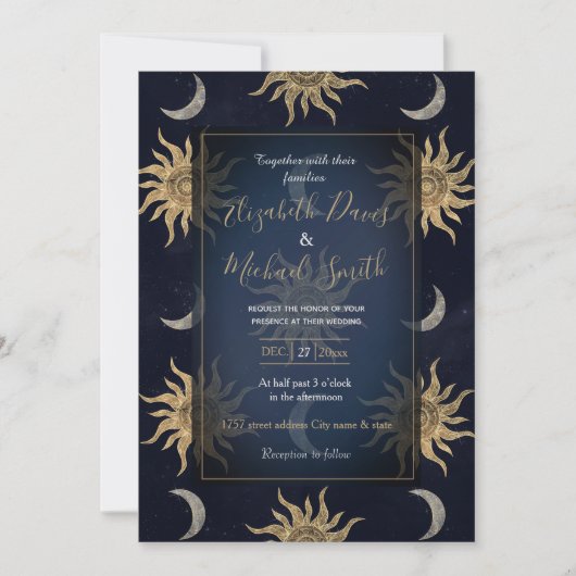 Invitation Gold Moon Sun Mandala Blue Night Sky Motif (Devant)