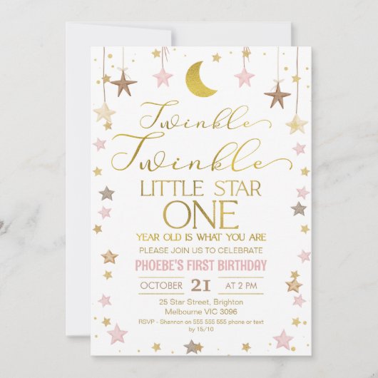 Invitation Gold Moon Twinkle Little Star 1er anniversaire (Devant)