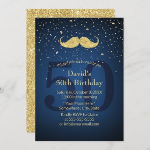 Invitation Gold Mustache Marine Blue 50e fête d'anniversaire