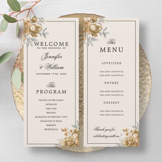 Invitation Gold Natural Rustic Floral Wedding Program Menu