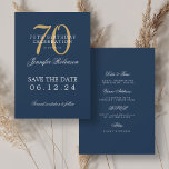 Invitation Gold Navy 70th Birthday Enregistrer la date avec l<br><div class="desc">Design élégant "70th Birthday Party" avec un script de typographie formel,  nom personnalisé et texte de détails. Facile à utiliser et facile à personnaliser. Commandez aujourd'hui !</div>