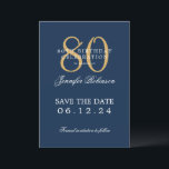 Invitation Gold Navy 80th Birthday Enregistrer la date<br><div class="desc">Design élégant "80th Birthday Party" avec un script de typographie formel,  nom personnalisé et texte détaillé. Facile à utiliser et facile à personnaliser. Commandez aujourd'hui !</div>