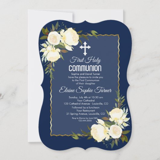 Invitation Gold Navy Bleu Roses Blanches Première Communion S (Devant)