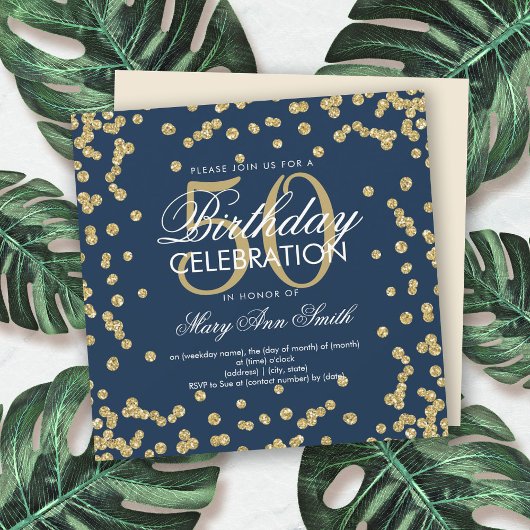 Invitation Gold Navy Blue 50e anniversaire Parties scintillan
