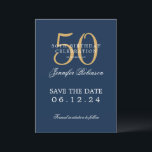 Invitation Gold Navy Blue 50th Birthday Enregistrer la date<br><div class="desc">Design élégant "50th Birthday Party" avec un script de typographie formel,  nom personnalisé et texte détaillé. Facile à utiliser et facile à personnaliser. Commandez aujourd'hui !</div>
