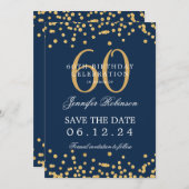 Invitation Gold Navy Blue 60th Birthday Enregistrer la date D (Devant / Derrière)