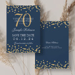 Invitation Gold Navy Blue 70th Birthday Save Date Confetti<br><div class="desc">Elégant design "70th Birthday Party" avec faux confetti de parties scintillant et texte de détails. Facile à utiliser et facile à personnaliser. Commandez aujourd'hui !</div>