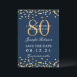 Invitation Gold Navy Blue 80th Birthday Enregistrer la date D<br><div class="desc">Elégant design "70th Birthday Party" avec faux confettis de parties scintillant & détails texte. Facile à utiliser et facile à personnaliser. Commandez aujourd'hui !</div>