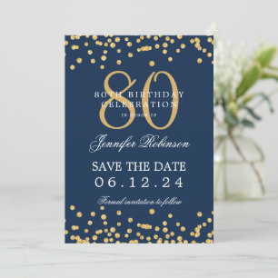 Invitation Gold Navy Blue 80th Birthday Enregistrer la date D